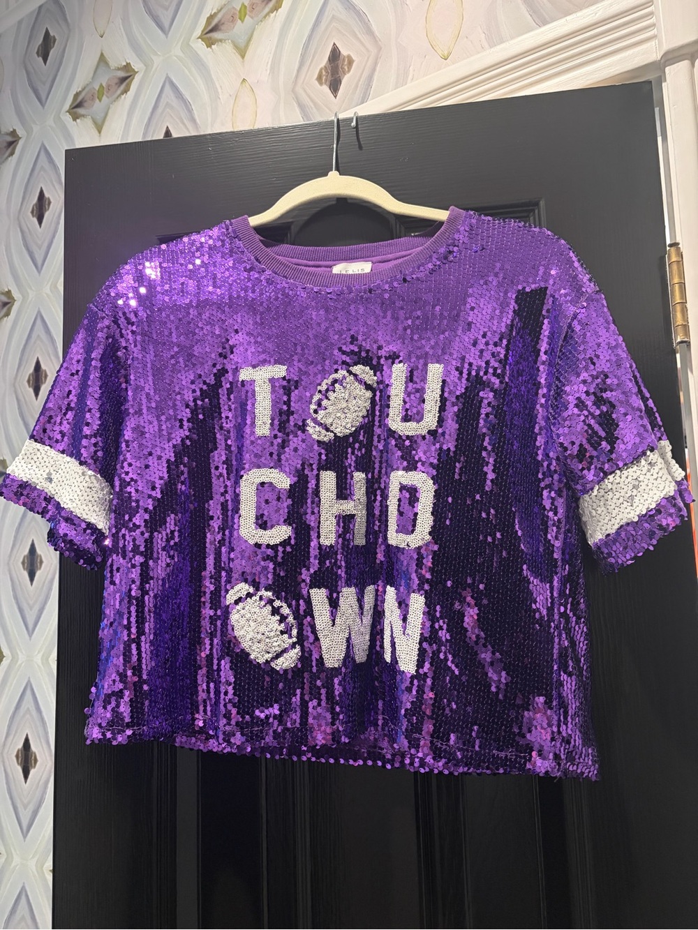 Kids Purple Sequin 'TOUCHDOWN' Short Sleeve Top